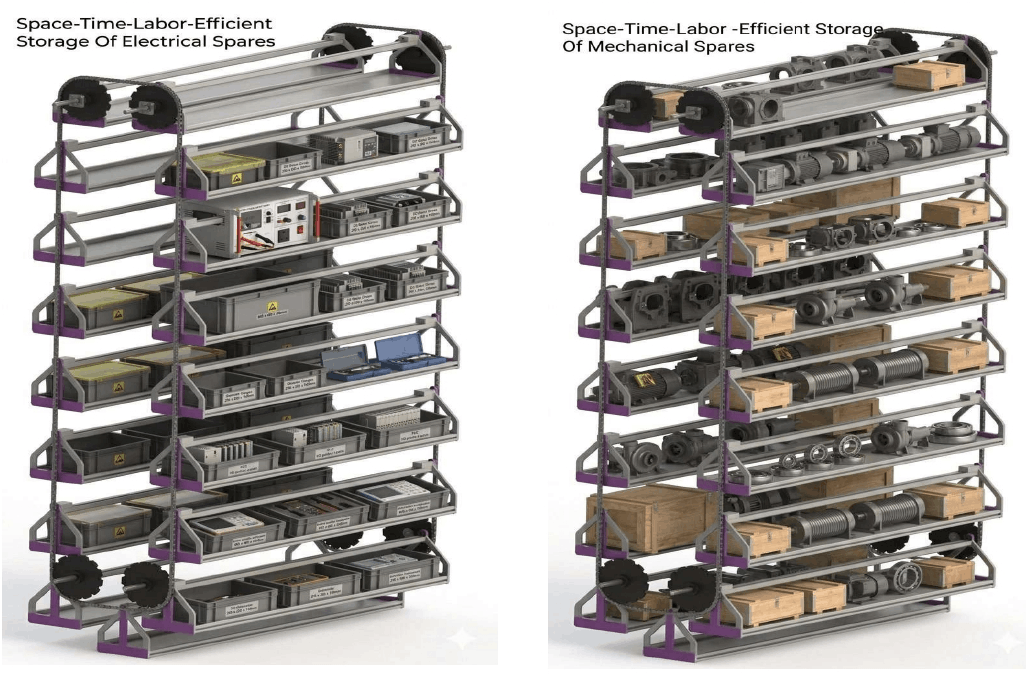 Vertical Carousels For Space-Time-Labor-Damage Efficient Vertical Storage Of Electrical, Mechanical Spares In Insulated Power-Telecom-Optic Fiber Cables-Wires Manufacturing Plants